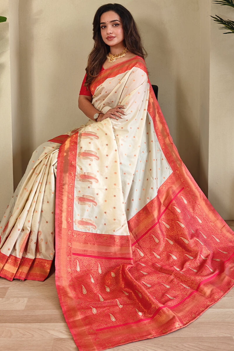 Excellent Beige Soft Banarasi Silk Saree With Demesne Blouse Piece
