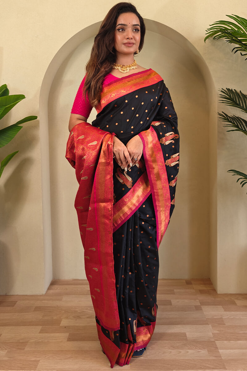 Evocative Black Soft Banarasi Silk Saree With Panoply Blouse Piece