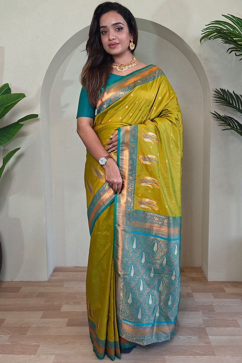 Lissome Mehndi Soft Banarasi Silk Saree With Effervescent Blouse Piece