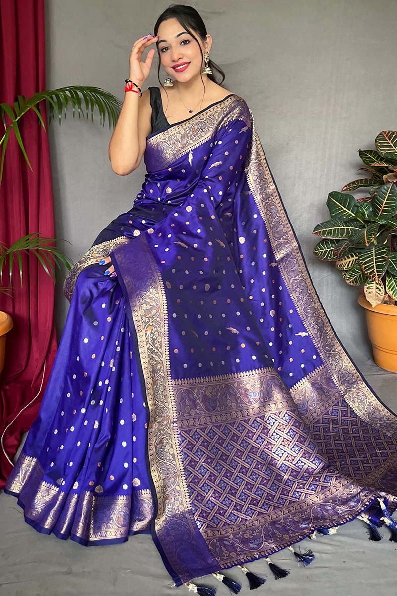 Panache Royal Blue Soft Banarasi Silk Saree With Ethereal Blouse Piece