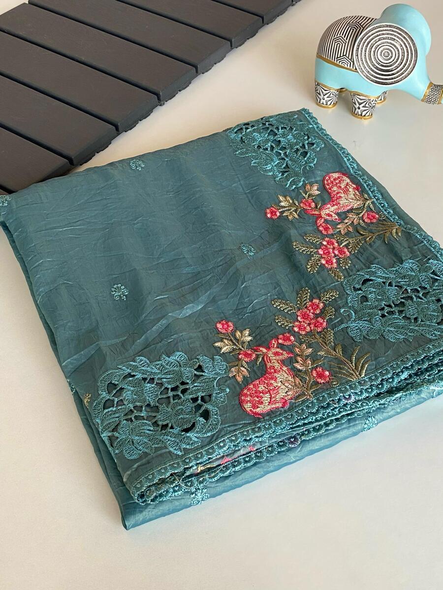 Classy Rama Embroidery Work Crush Silk Saree With Pleasant Blouse Piece