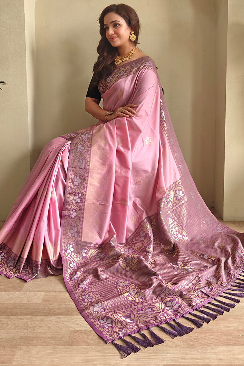 Stunning Baby Pink Soft Banarasi Silk Saree With Precious Blouse Piece