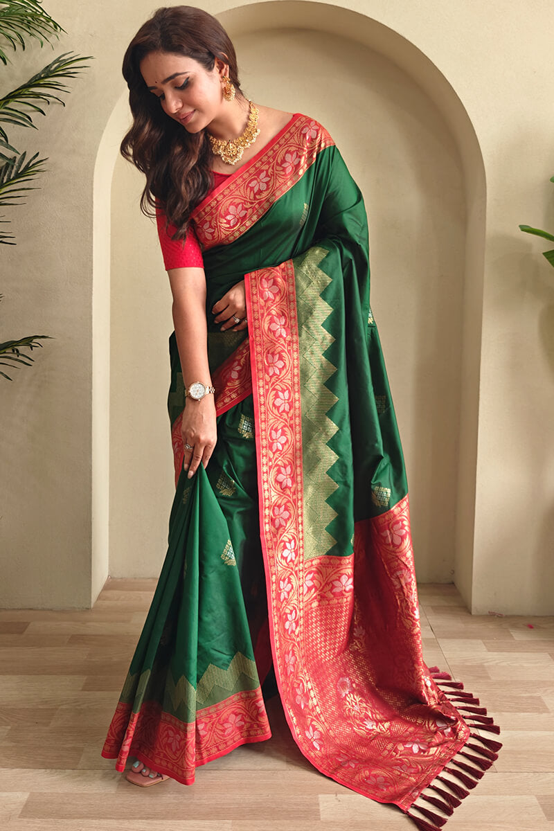 Radiant Dark Green Soft Banarasi Silk Saree With Hypnotic Blouse Piece
