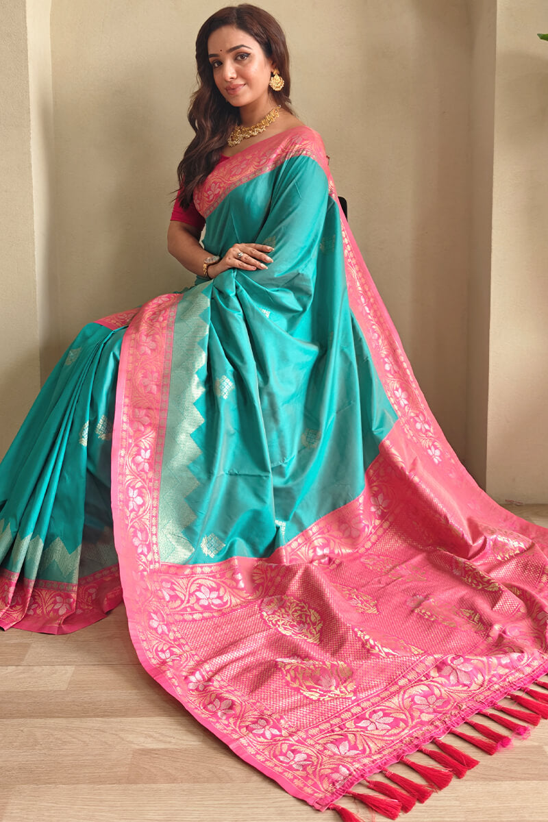 Pleasant Firozi Soft Banarasi Silk Saree With Classic Blouse Piece
