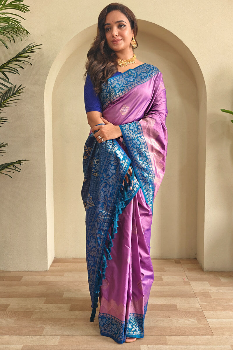 Demure Lavender Soft Banarasi Silk Saree With Evocative Blouse Piece