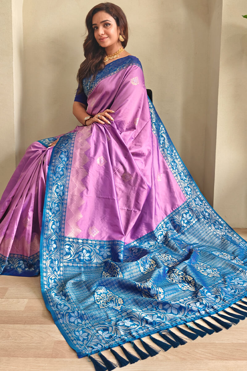 Demure Lavender Soft Banarasi Silk Saree With Evocative Blouse Piece