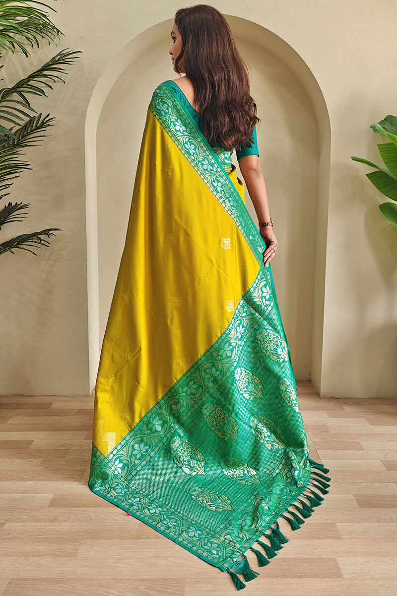 Petrichor Mustard Soft Banarasi Silk Saree With Woebegone Blouse Piece