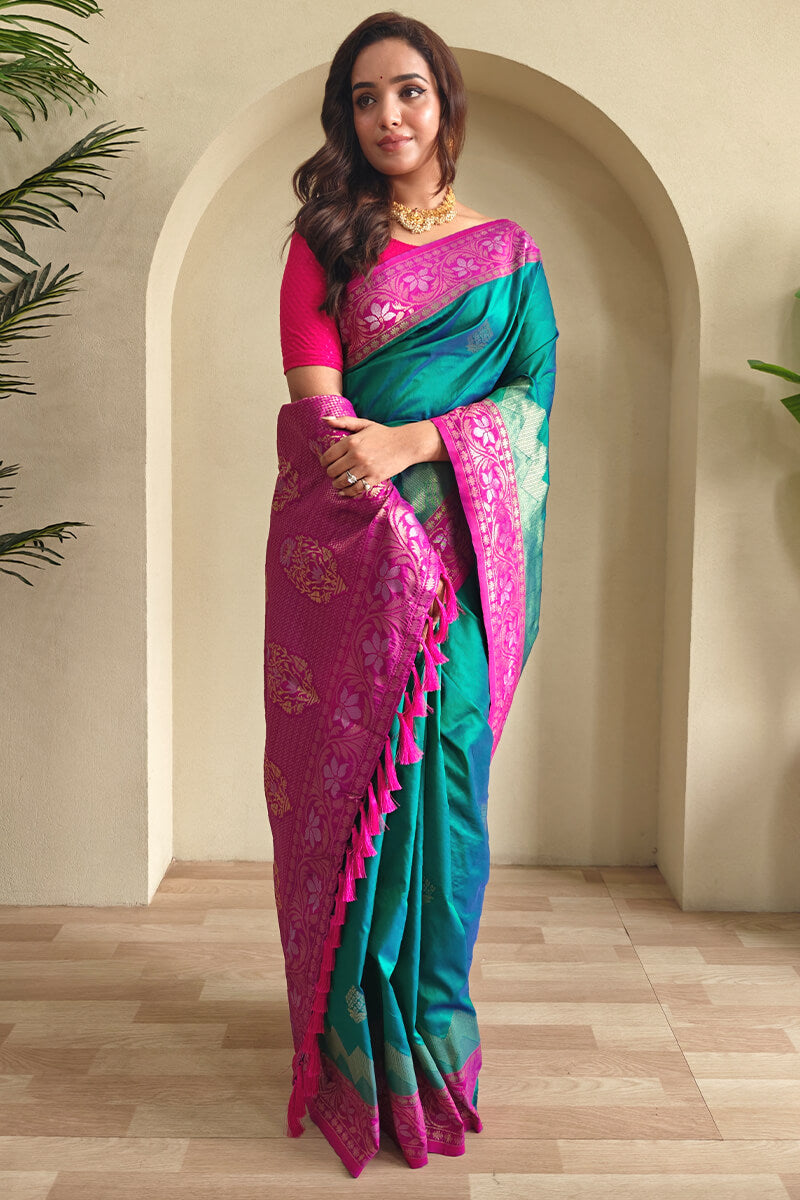 Luminous Rama Soft Banarasi Silk Saree With Ethereal Blouse Piece