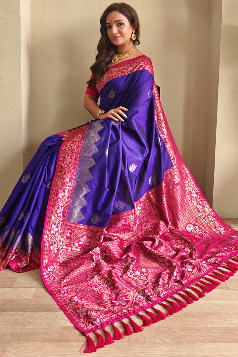Nebula Royal Blue Soft Banarasi Silk Saree With Eclat Blouse Piece