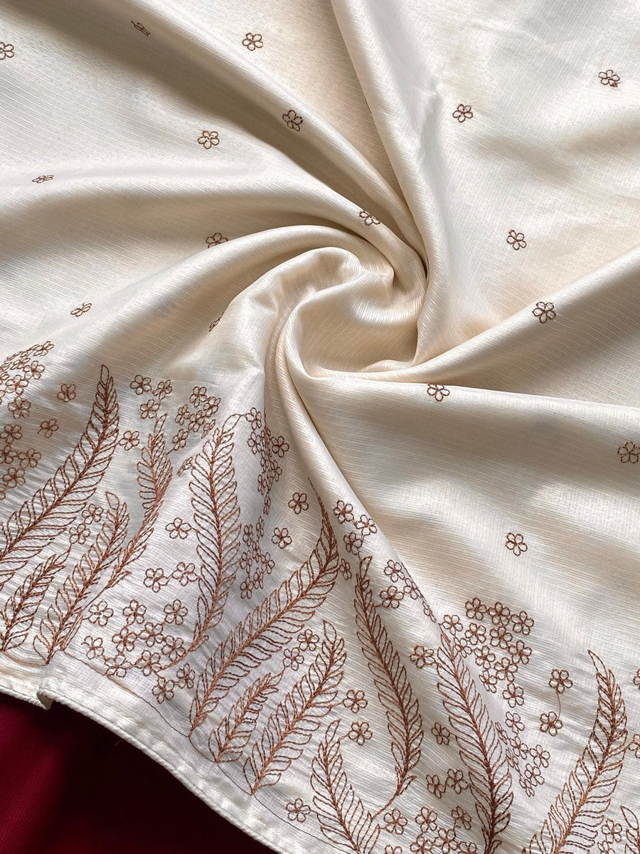 Designer Beige Embroidery Work Kota Silk Saree With Beauteous Blouse Piece