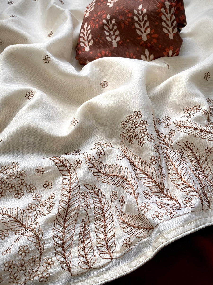 Designer Beige Embroidery Work Kota Silk Saree With Beauteous Blouse Piece