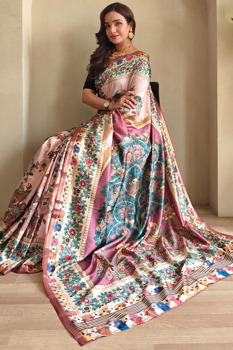 Girlish Baby Pink Soft Silk Kalamkari Printed Saree With Murmurous Blouse Piece