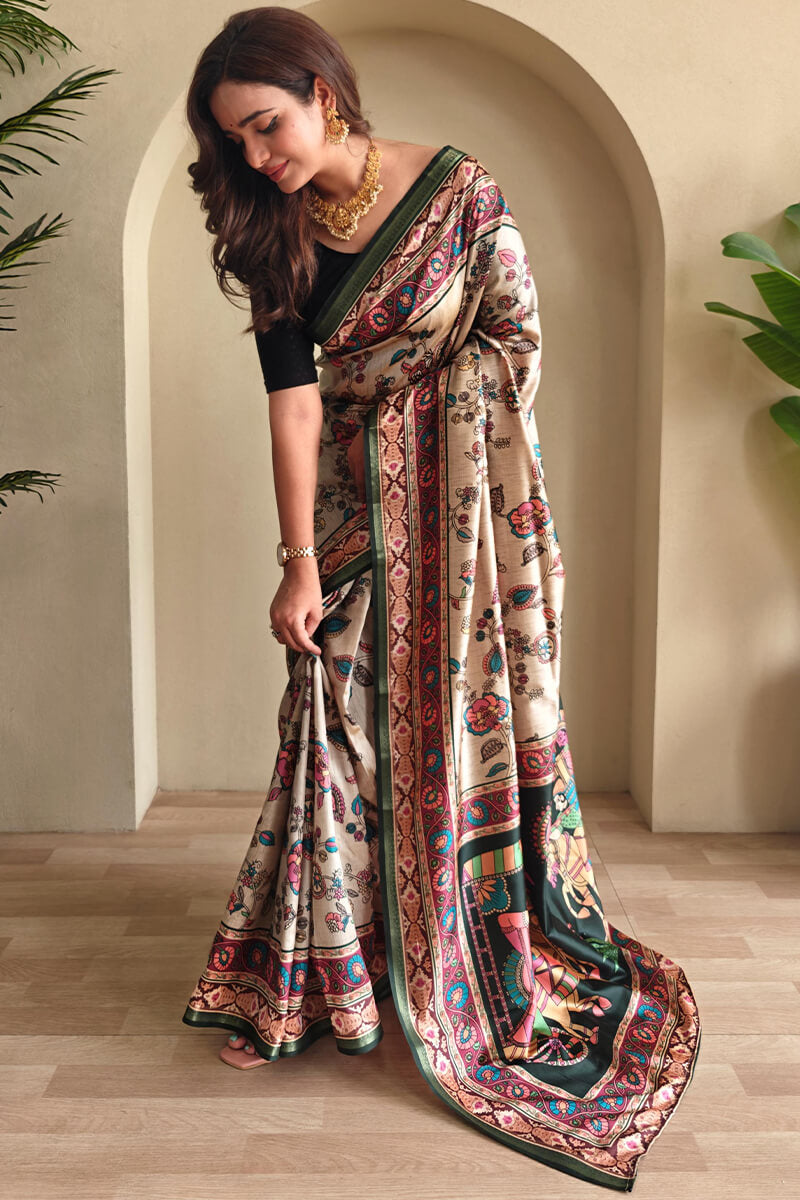 Eloquence Beige Soft Silk Kalamkari Printed Saree With Fancifull Blouse Piece