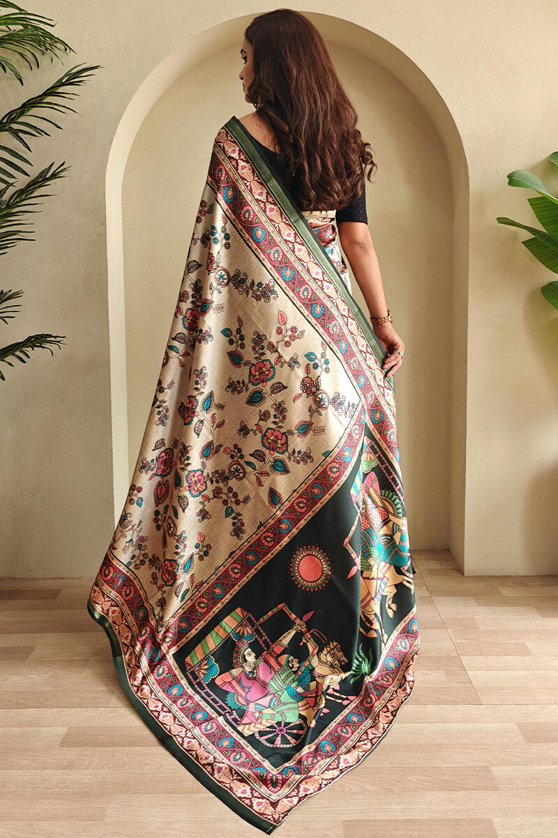 Eloquence Beige Soft Silk Kalamkari Printed Saree With Fancifull Blouse Piece