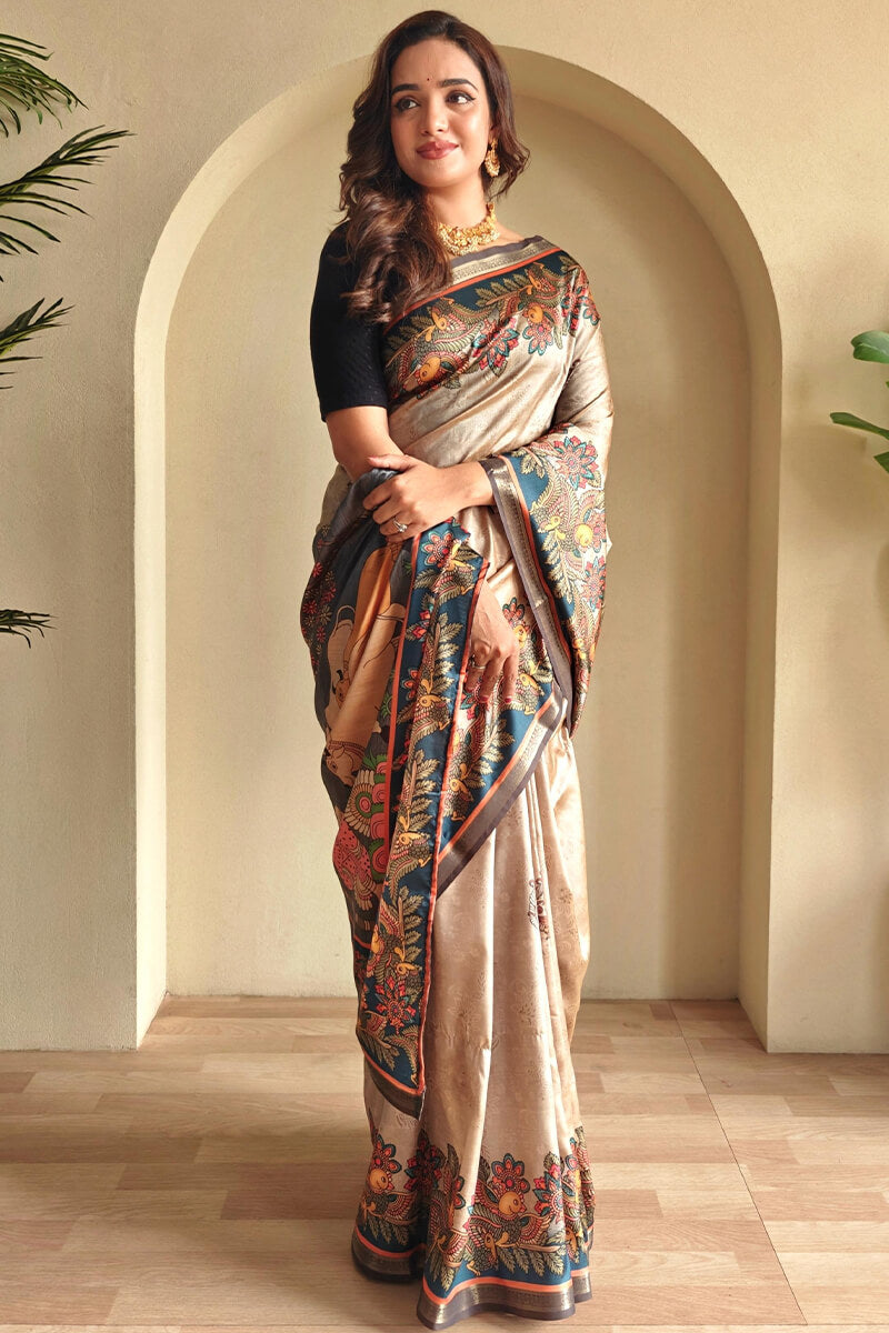 Lissome Dark Beige Soft Silk Kalamkari Printed Saree With Engrossing Blouse Piece