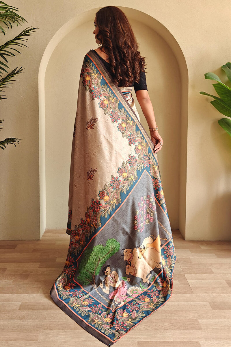 Lissome Dark Beige Soft Silk Kalamkari Printed Saree With Engrossing Blouse Piece