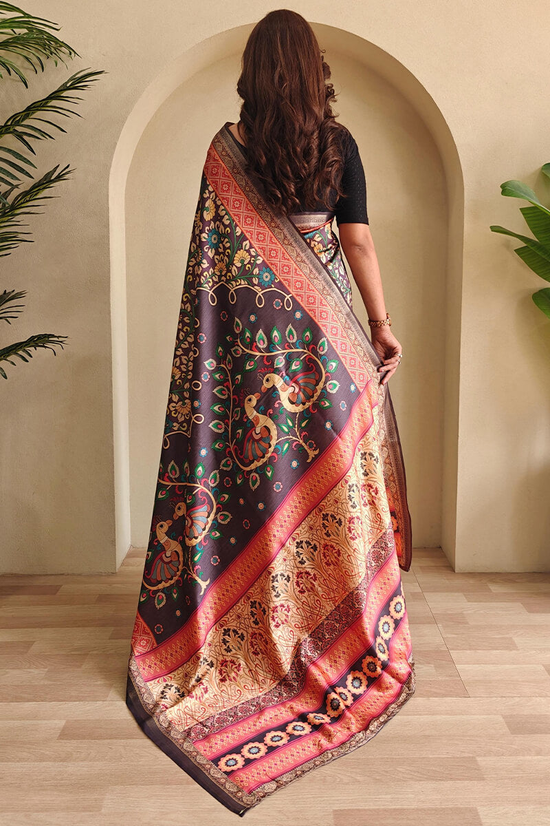 Ineffable Wine Soft Silk Kalamkari Printed Saree With Vibrant Blouse Piece