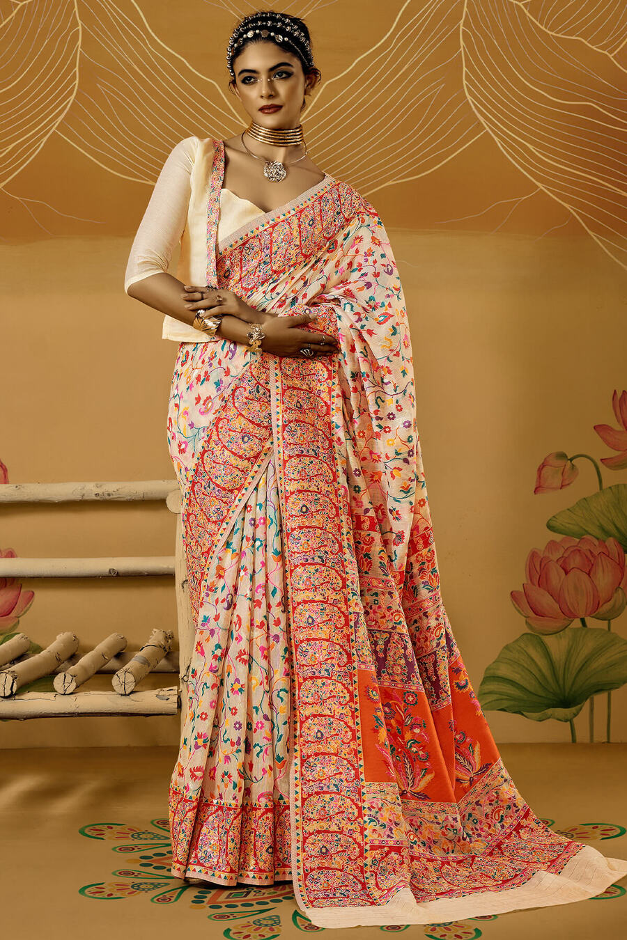 Glittering Beige Pashmina Saree With Artistic Blouse Piece