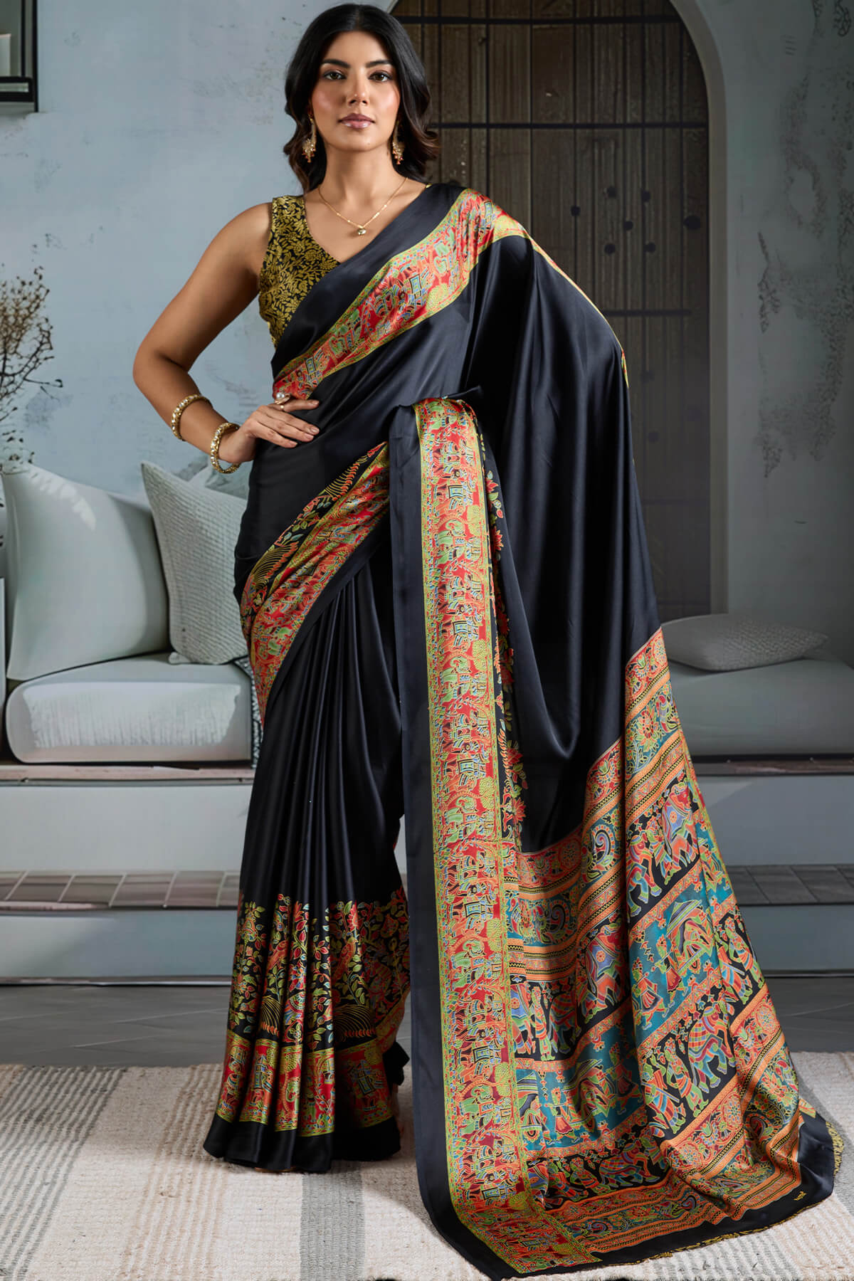 Proficient Black Ajrakh Printed Satin Silk Saree With Alluring Blouse Piece