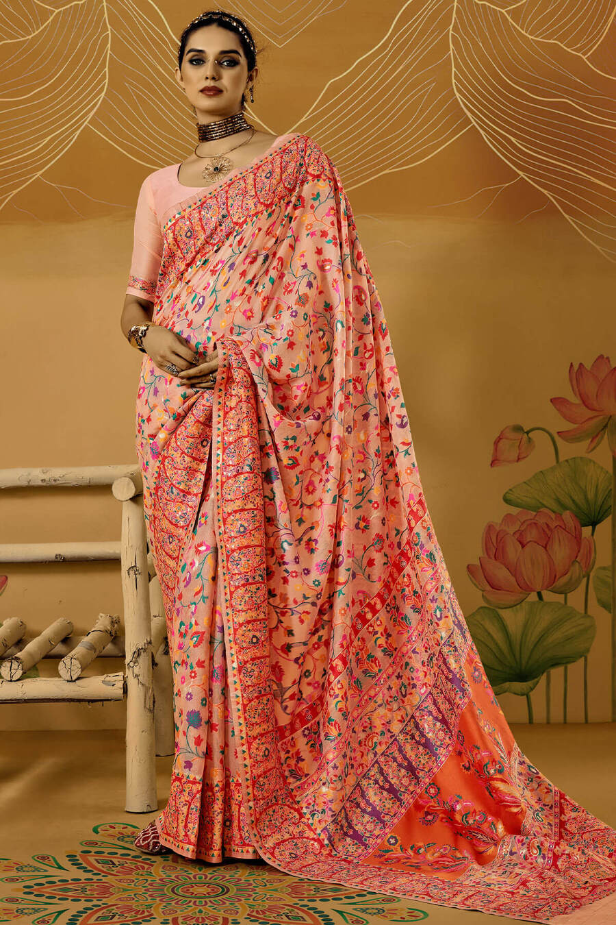 Seraphic Peach Pashmina Saree With Desuetude Blouse Piece