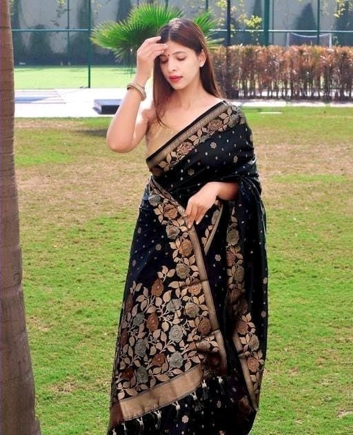 Staggering Black Soft Banarasi Silk Saree With Lagniappe Blouse Piece