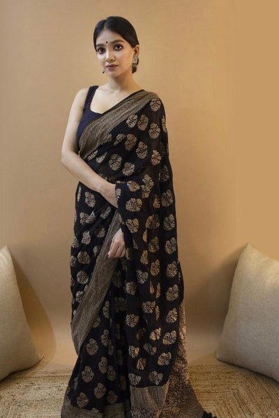 Confounding Black Soft Silk Saree With Snappy Blouse Piece