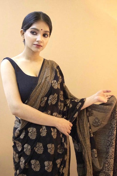 Confounding Black Soft Silk Saree With Snappy Blouse Piece