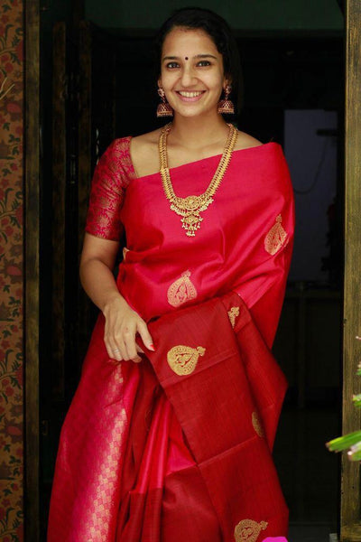 Desultory Red Soft Banarasi Silk Saree With Dalliance Blouse Piece