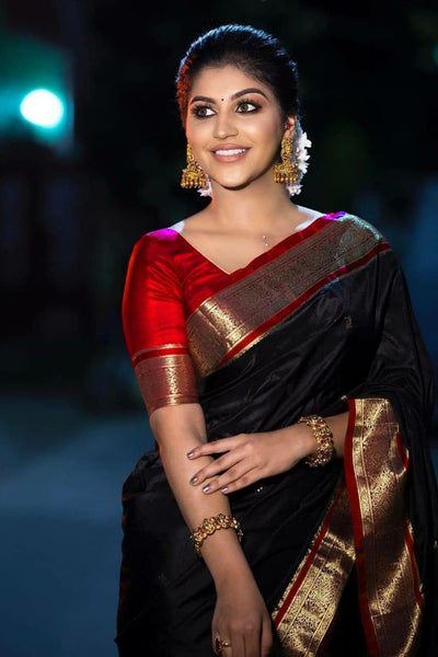 Outstanding Black Soft Banarasi Silk Saree With Lovely Blouse Piece