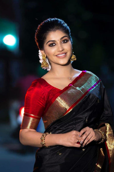 Outstanding Black Soft Banarasi Silk Saree With Lovely Blouse Piece