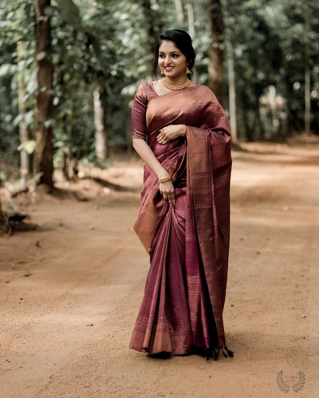 Beauteous Maroon Soft Silk Saree With Demure Blouse Piece