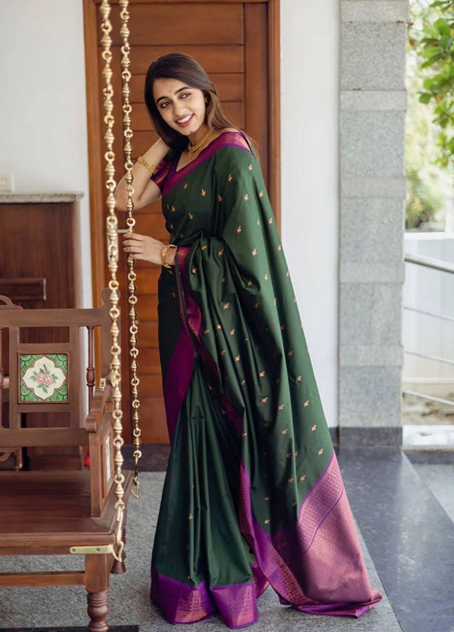 Precious Green Soft Silk Saree With Energetic Blouse Piece