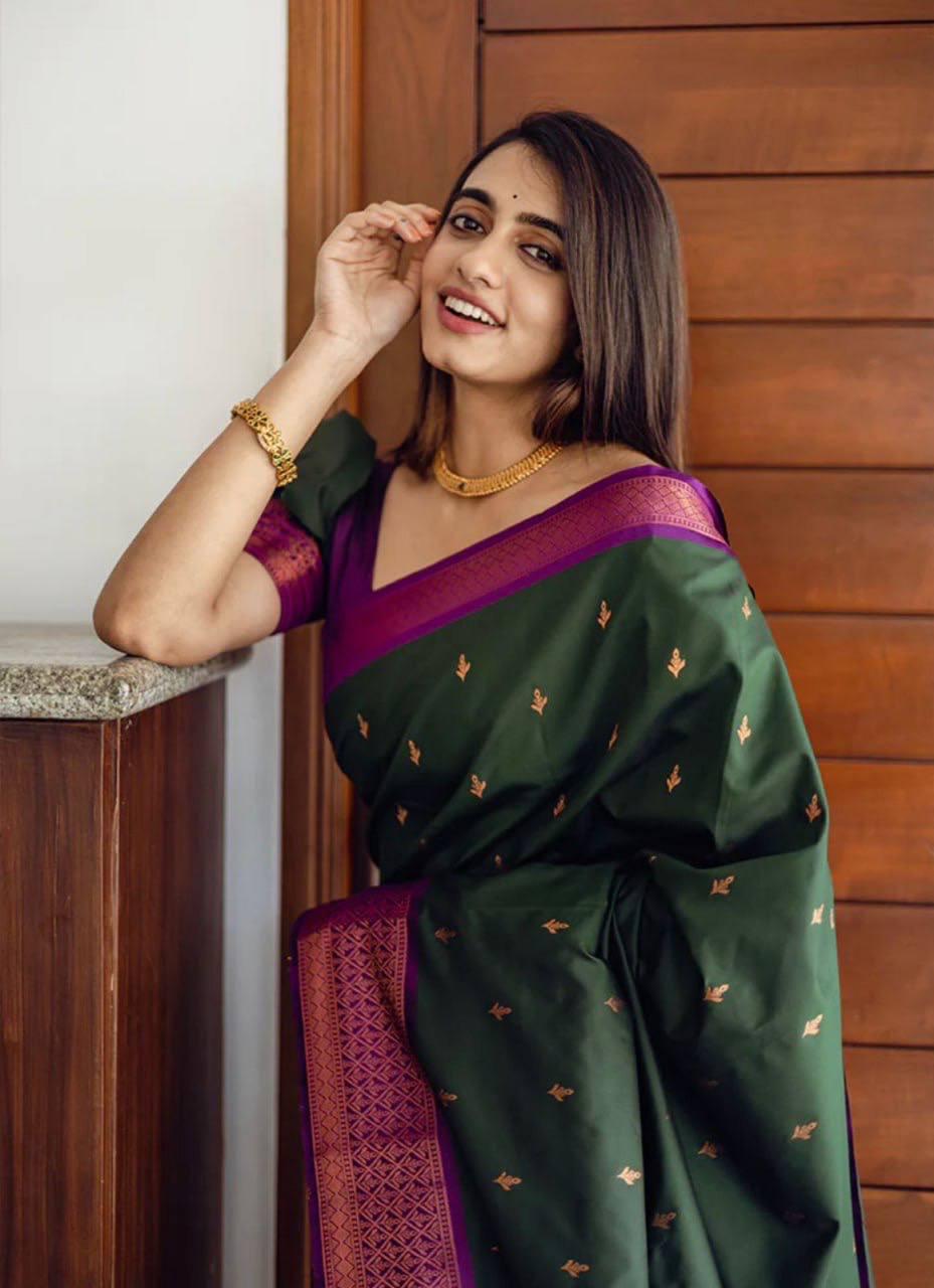 Precious Green Soft Silk Saree With Energetic Blouse Piece