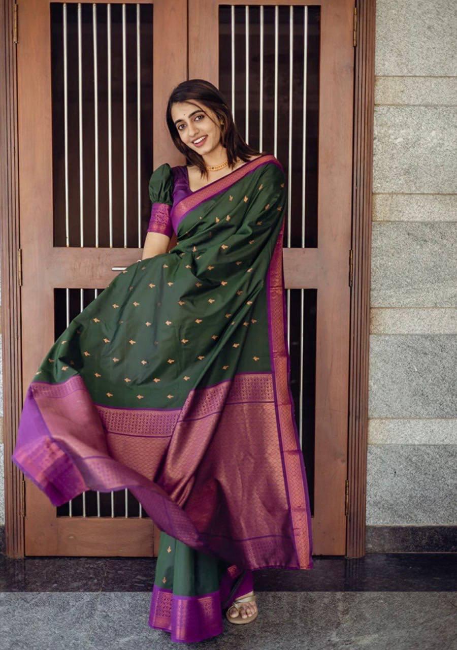 Precious Green Soft Silk Saree With Energetic Blouse Piece