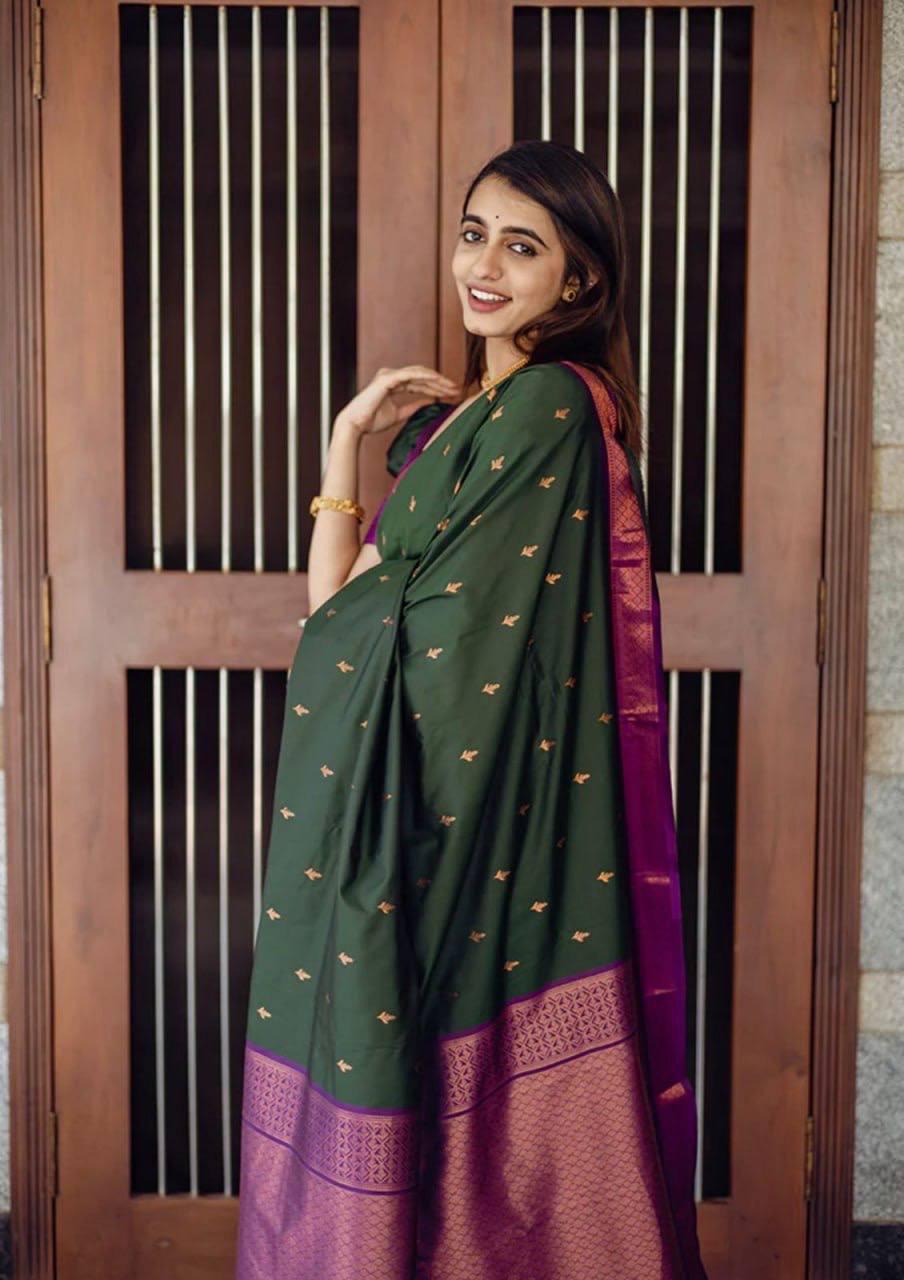 Precious Green Soft Silk Saree With Energetic Blouse Piece