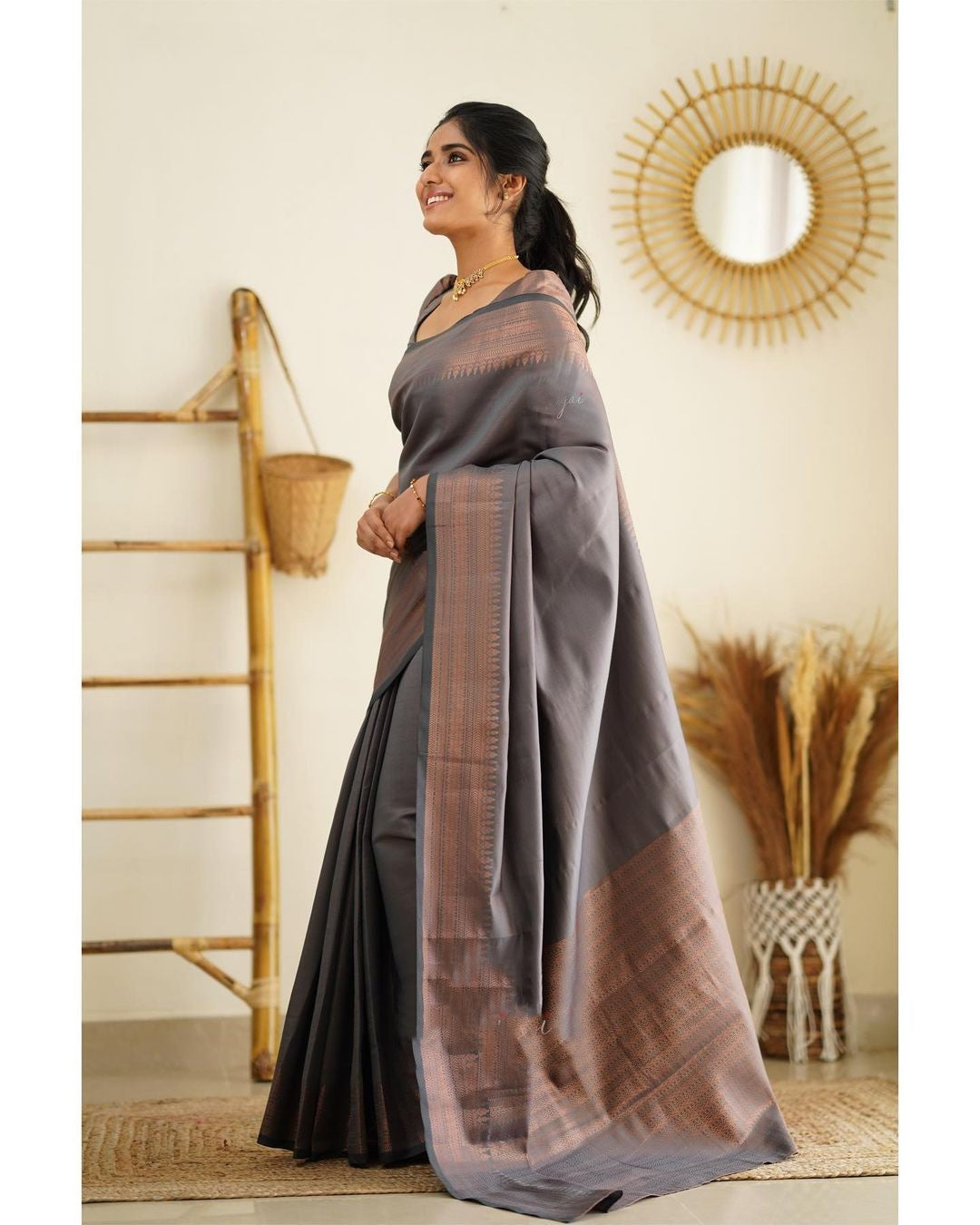 Desultory Grey Soft Silk Saree With Seraglio Blouse Piece