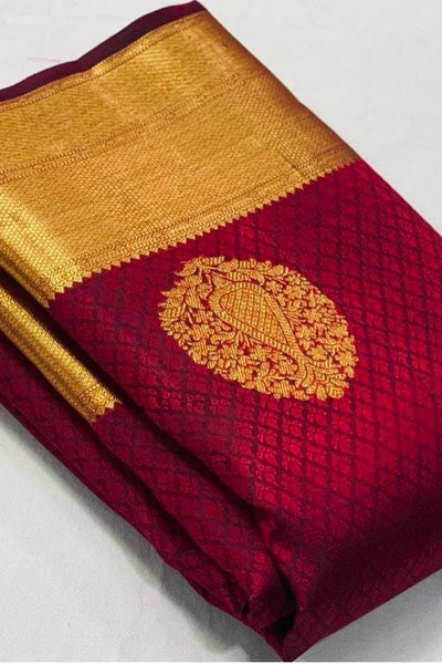 Lassitude Maroon Soft Banarasi Silk Saree With Lissome Blouse Piece
