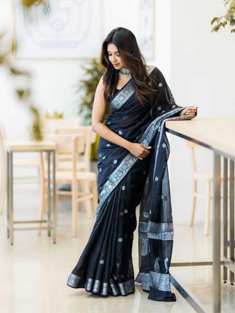 Nemesis Black Soft Silk Saree With Artistic Blouse Piece
