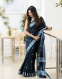 Nemesis Black Soft Silk Saree With Artistic Blouse Piece