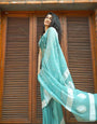 Arresting Firozi Soft Silk Saree With Brood Blouse Piece