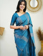Sumptuous Firozi Soft Silk Saree With Enchanting Blouse Piece