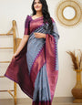 Sensational Grey Soft Banarasi Silk Saree With Gleaming Blouse Piece