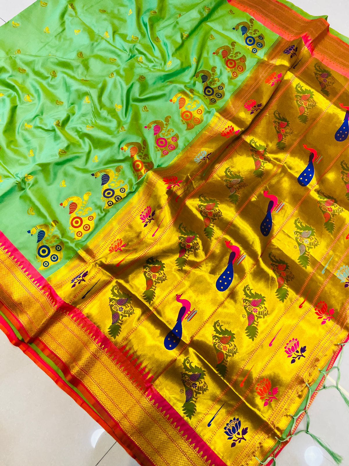 Ebullience Pista Pure Paithani Silk Saree With Splendorous Blouse Piece