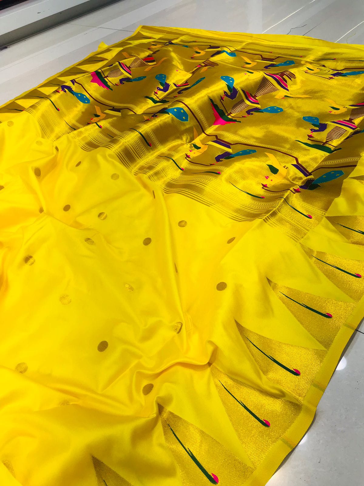 Pretty Yellow Paithani Silk Saree With Energetic Blouse Piece