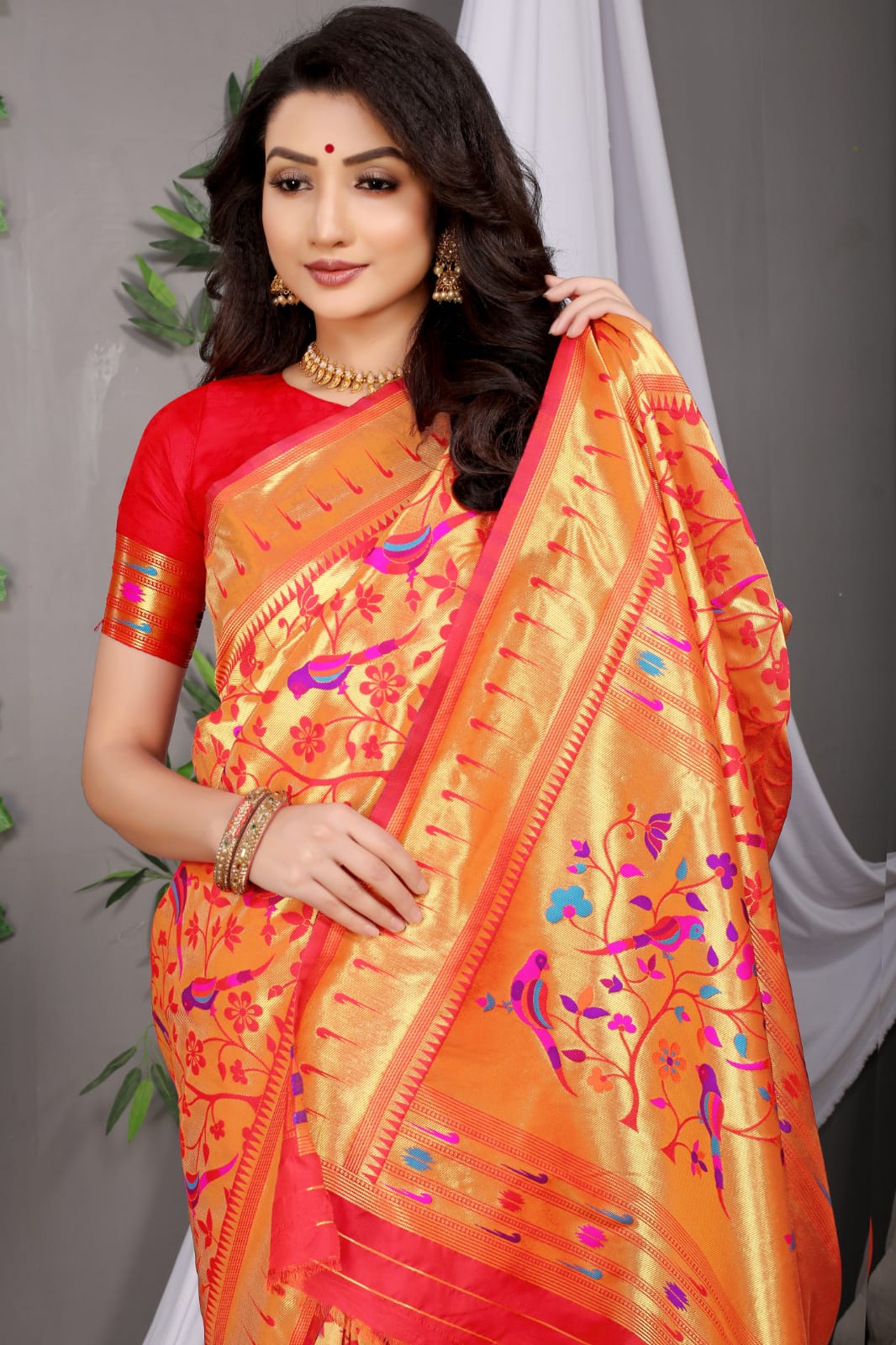 Symmetrical Red Paithani Silk Saree With Ethnic Blouse Piece