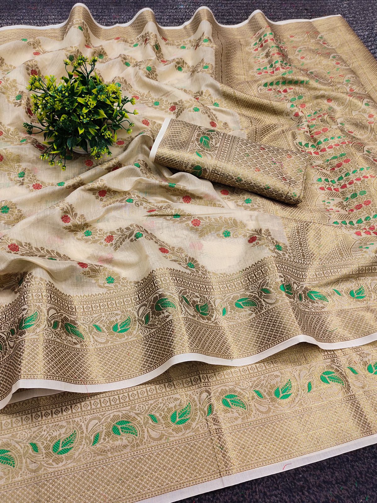 Blissful Beige Linen Silk With Stylish Blouse Piece