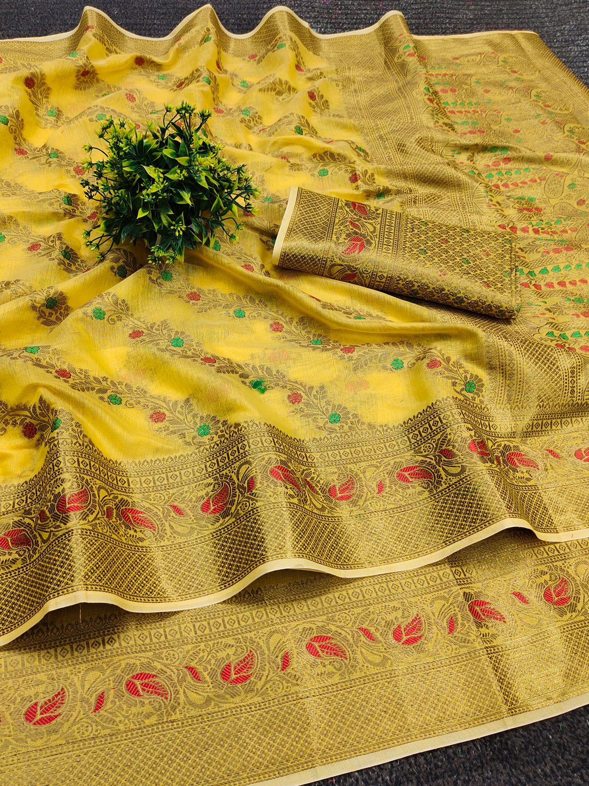 Pleasant Yellow Linen Silk With Stylish Blouse Piece