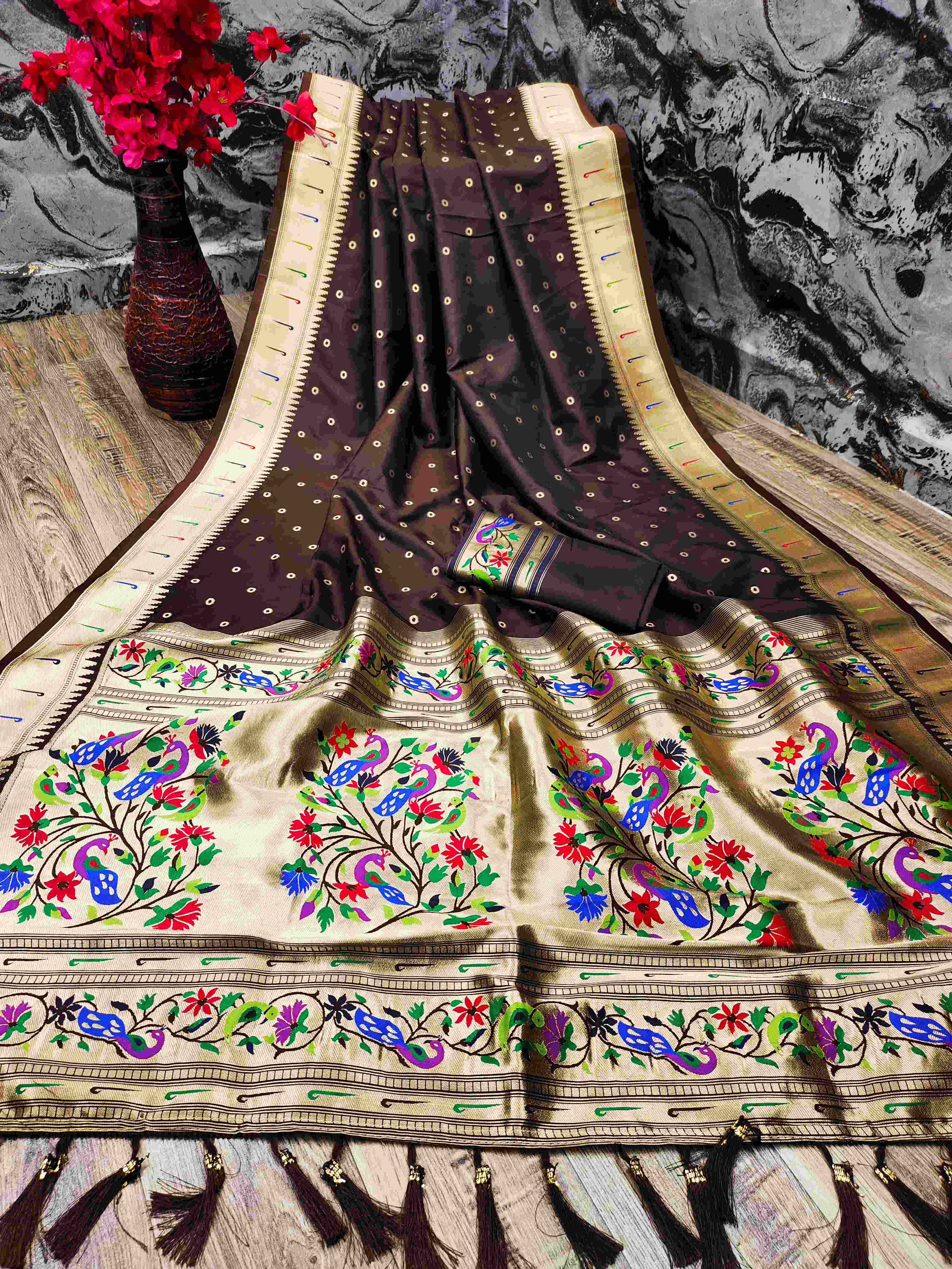 Phenomenal Brown Paithani Silk Saree With Ethnic Blouse Piece