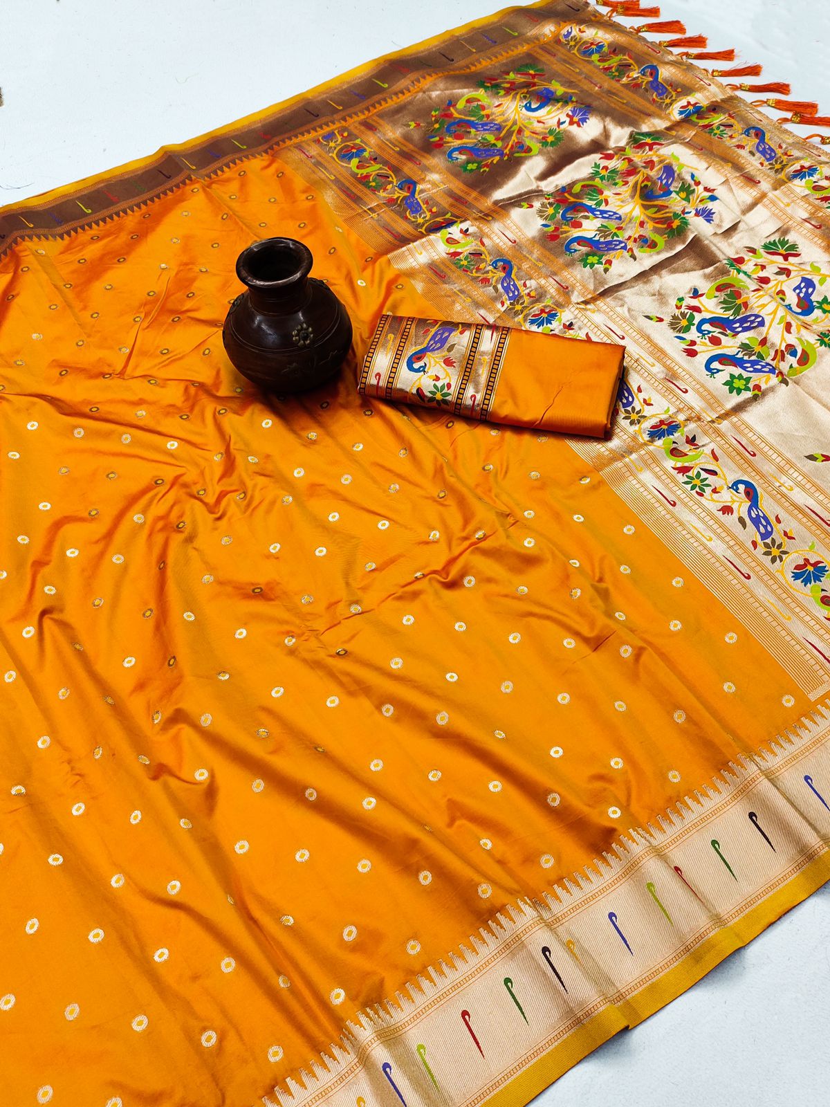 Charming Orange Paithani Silk Saree With Ethnic Blouse Piece