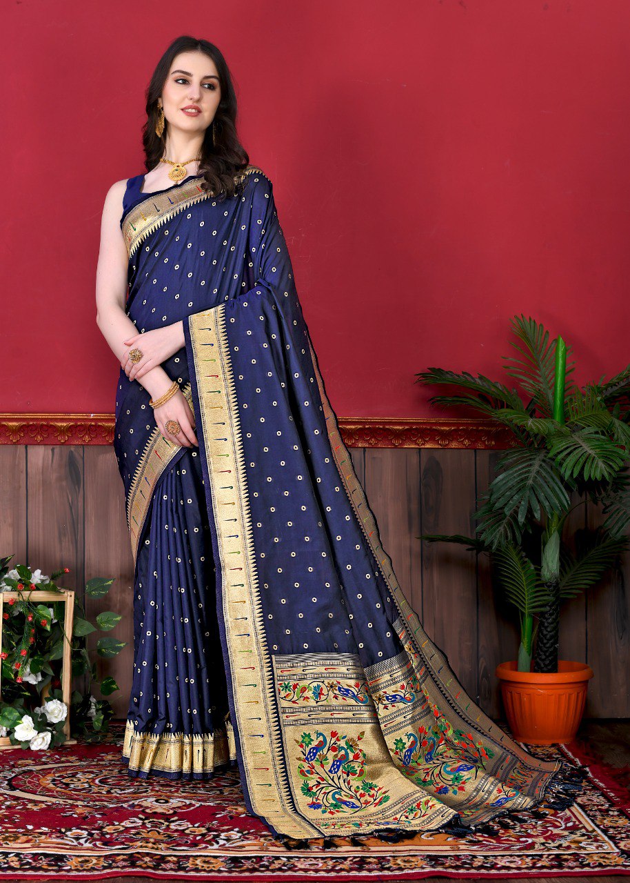 Deserving Navy Blue Paithani Silk Saree With Ethnic Blouse Piece